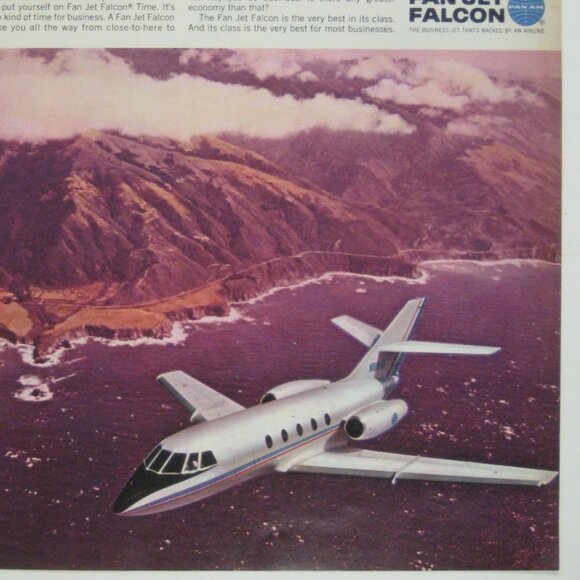 Pan Am Fan Jet Falcon Vintage 1960s Aviation Print Ad Ocean Purple Coastline - Picture 2 of 2